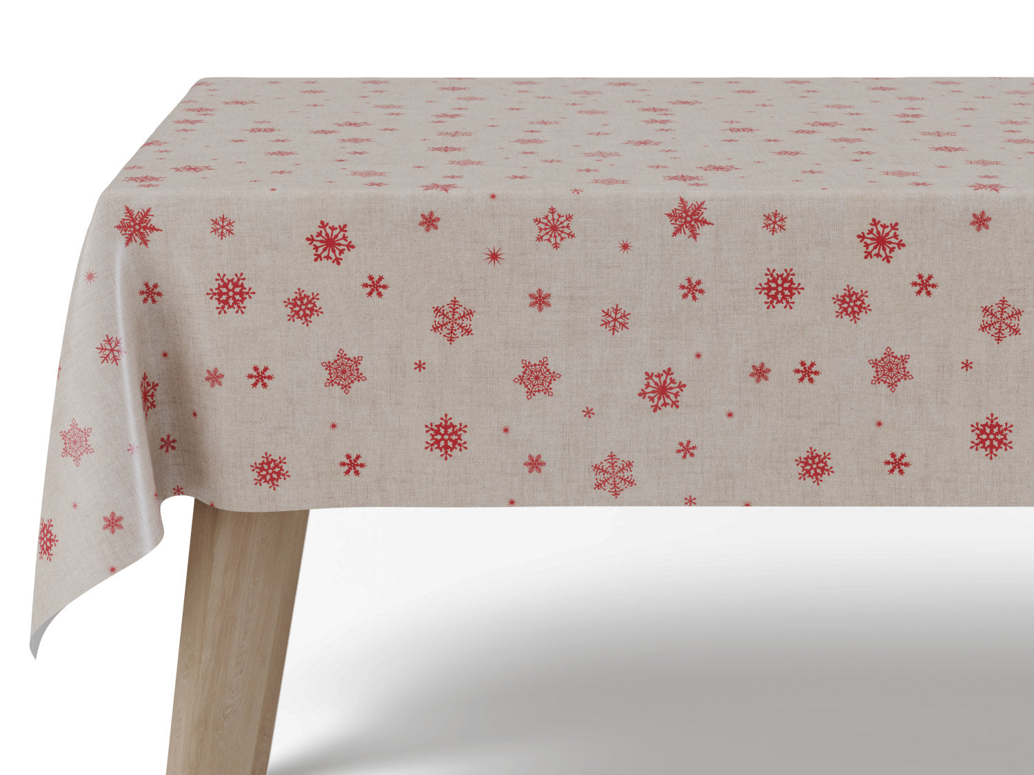 Voksdug hørfarvet juledug med røde snefnug - tilpasses i ønskede mål