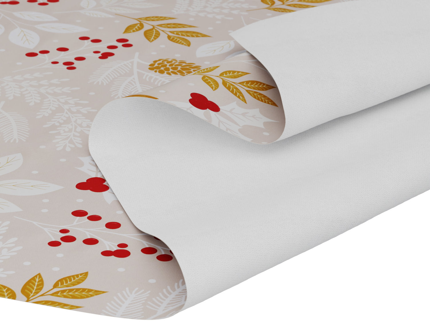 Voksdug beige juledug med grene, kogler og bær - tilpasses i ønskede mål og leveres rullet på rør