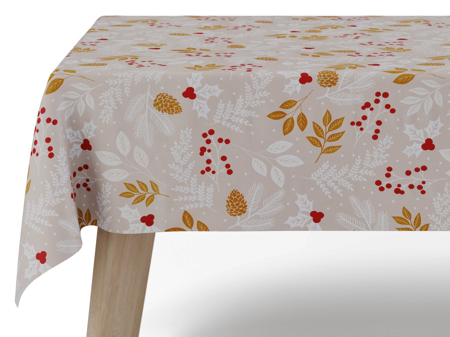 Voksdug beige juledug med grene, kogler og bær - tilpasses i ønskede mål og leveres rullet på rør