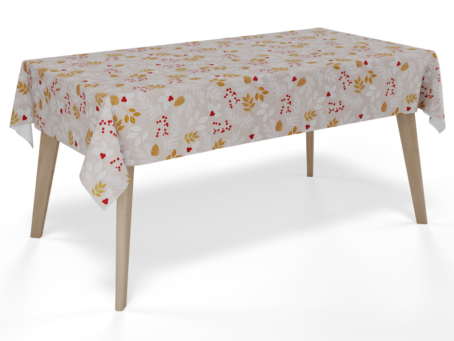 Voksdug beige juledug med grene, kogler og bær - tilpasses i ønskede mål og leveres rullet på rør