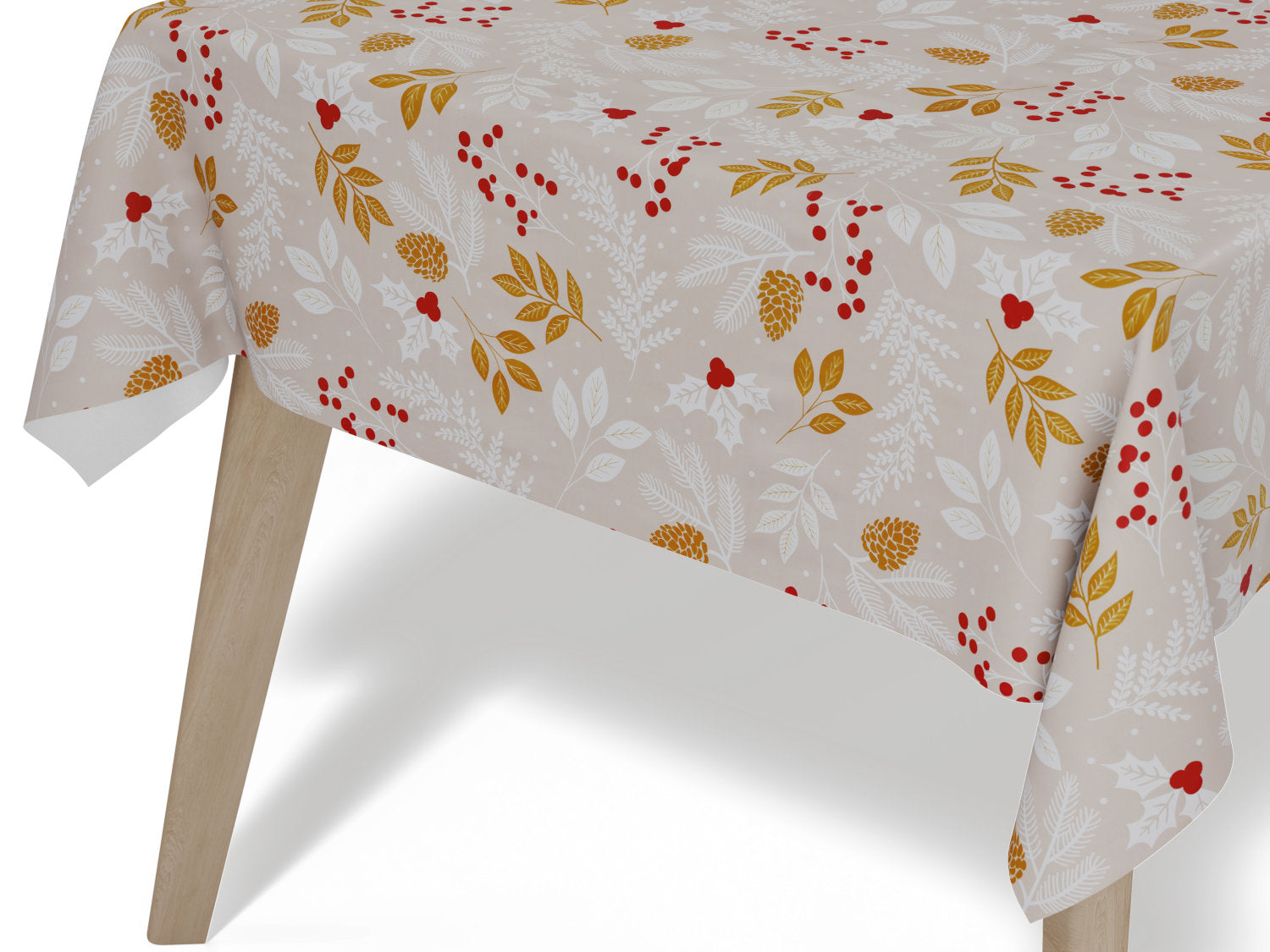 Voksdug beige juledug med grene, kogler og bær - tilpasses i ønskede mål og leveres rullet på rør