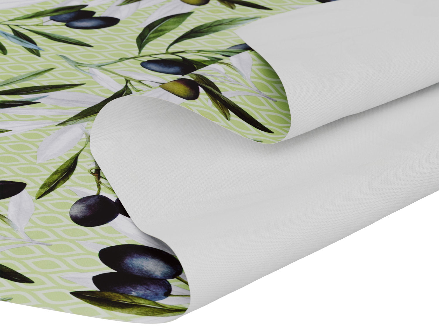 Voksdug i grøn med olivengrene - tilpasses i ønskede mål og leveres rullet på rør