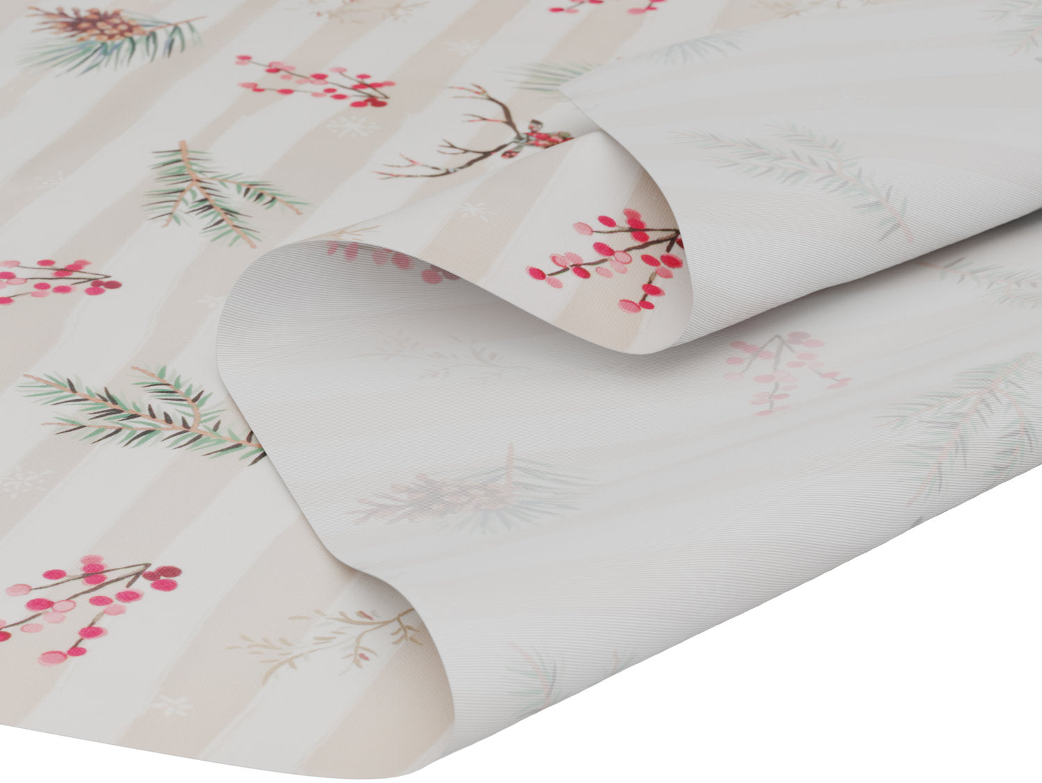 Vandafvisende akryljuledug med naturmotiv i beige og røde toner – tilpasses i ønskede mål og leveres rullet på rør