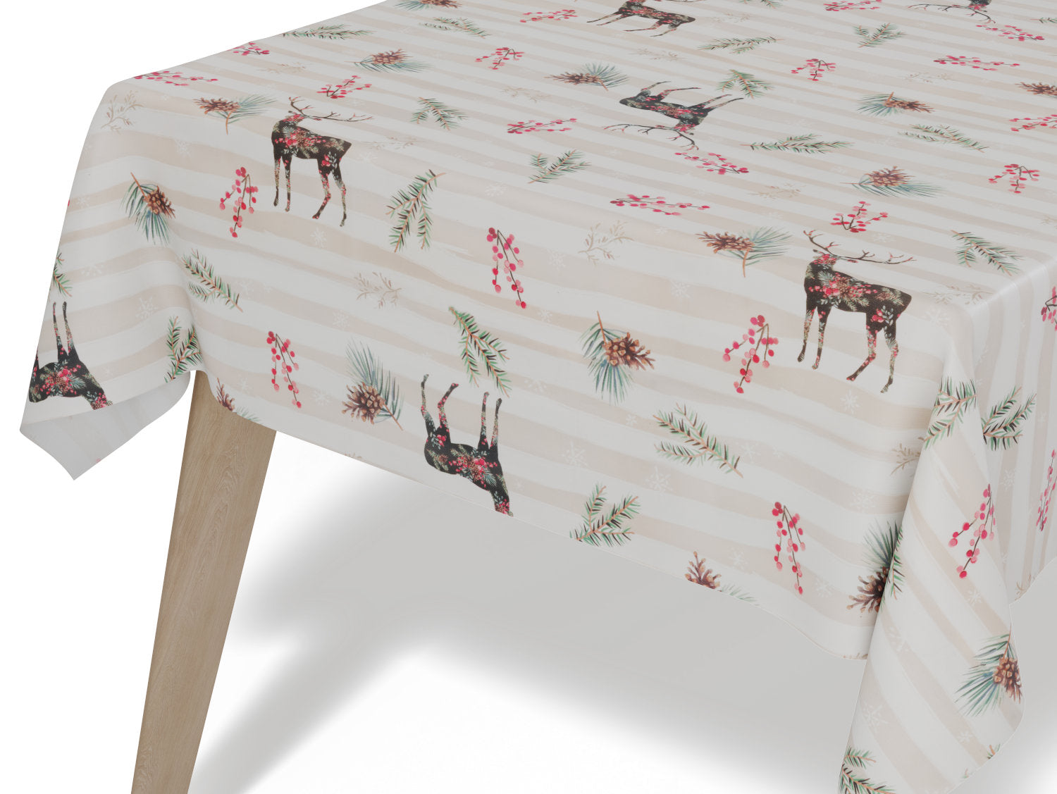 Vandafvisende akryljuledug med naturmotiv i beige og røde toner – tilpasses i ønskede mål og leveres rullet på rør