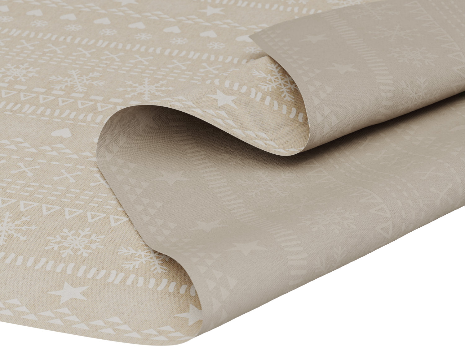 Vandafvisende juledug med akryl coating i ekstra bredde – hørfarvet med hvidt julemotiv - tilpasses i ønskede mål og leveres rullet på rør