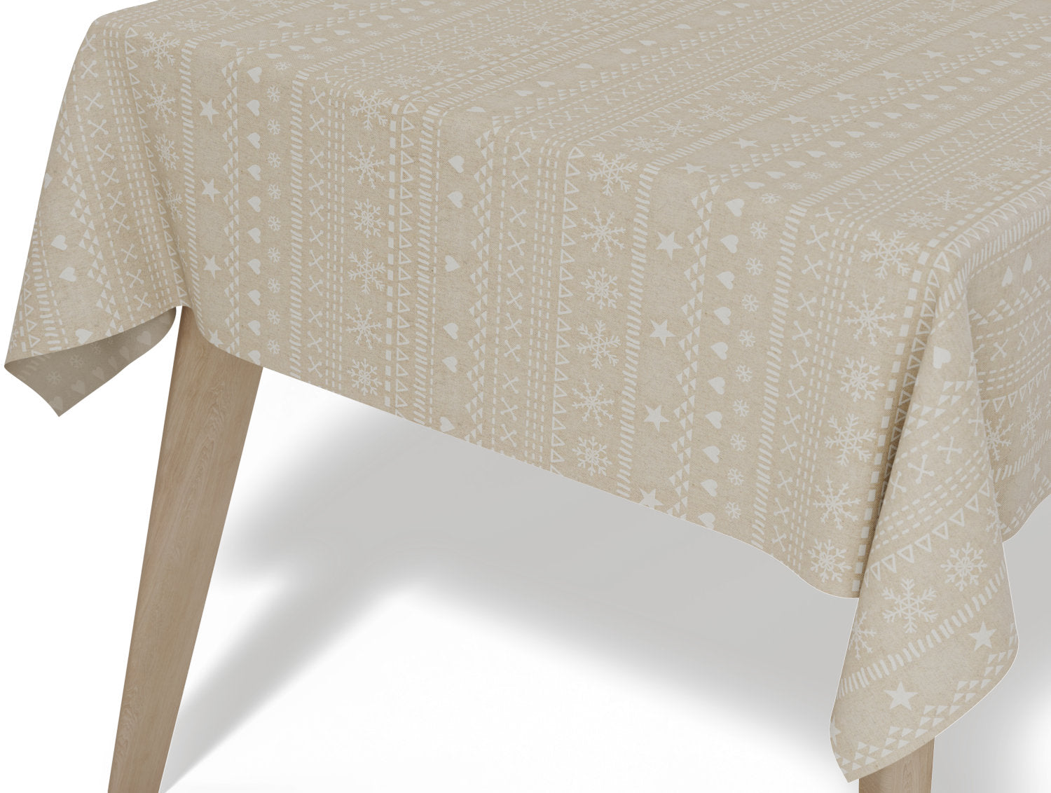 Vandafvisende juledug med akryl coating i ekstra bredde – hørfarvet med hvidt julemotiv - tilpasses i ønskede mål og leveres rullet på rør