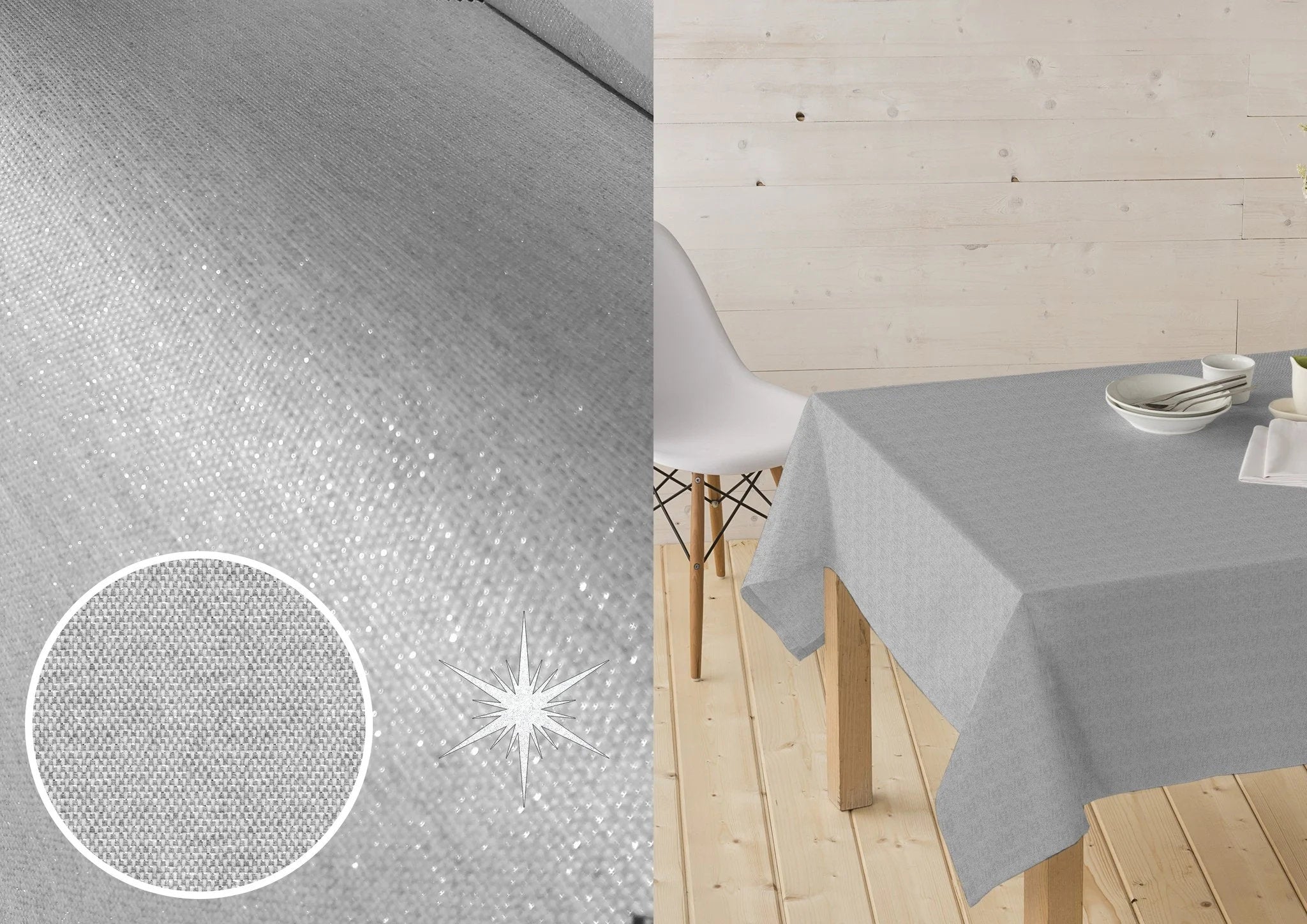 Vandafvisende akryldug i sølvgrå nuance med diskret sølvtåd i vævningen – tilpasses i ønskede mål og leveres rullet på rør