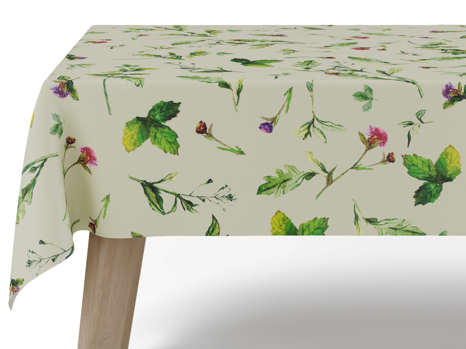 Vandafvisende akryldug med blomstermønster – cremehvid med grønne og lilla nuancer – tilpasses i ønskede mål og leveres rullet på rør