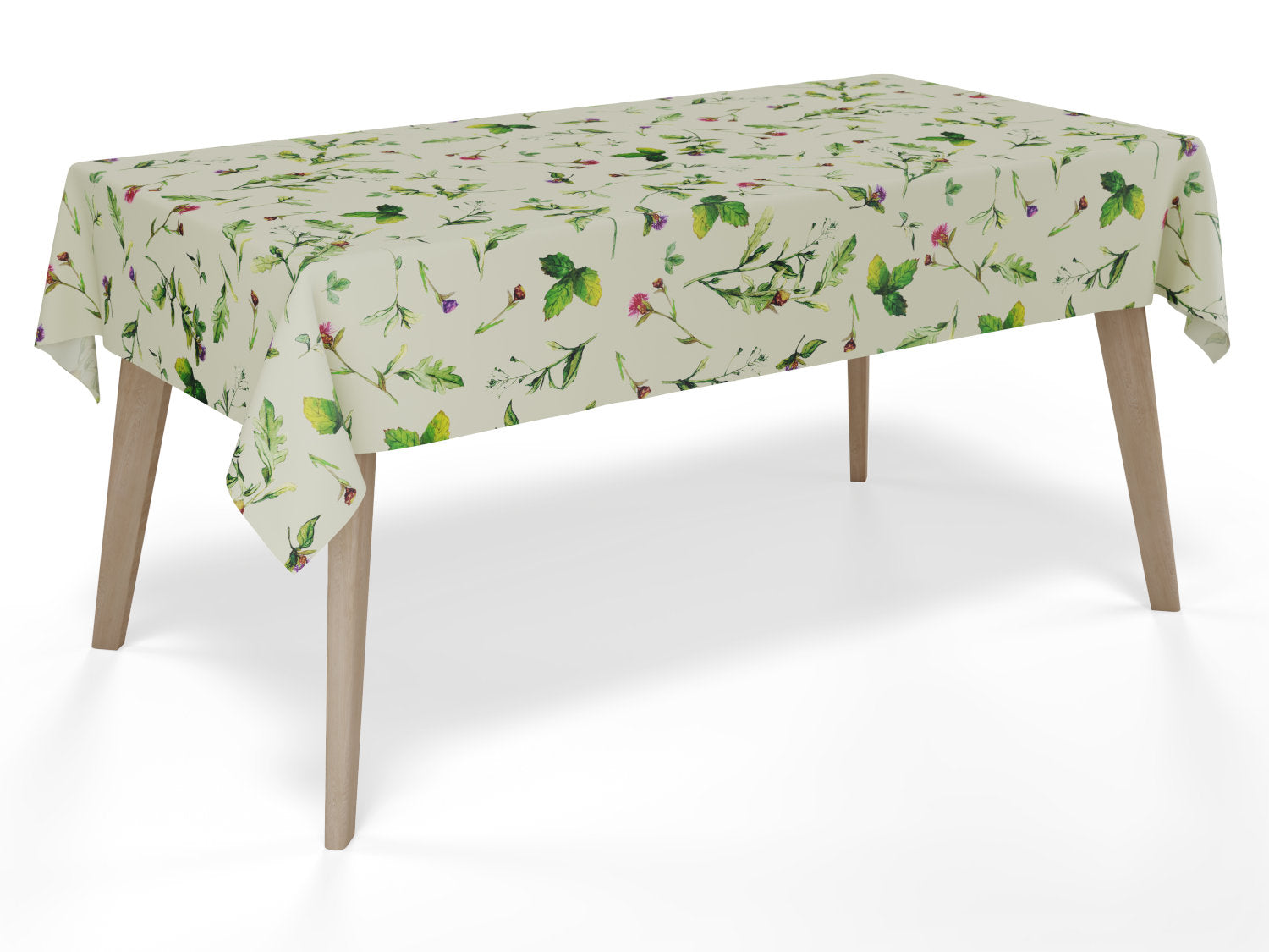 Vandafvisende akryldug med blomstermønster – cremehvid med grønne og lilla nuancer – tilpasses i ønskede mål og leveres rullet på rør