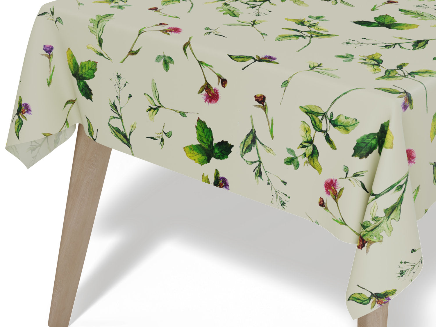 Vandafvisende akryldug med blomstermønster – cremehvid med grønne og lilla nuancer – tilpasses i ønskede mål og leveres rullet på rør