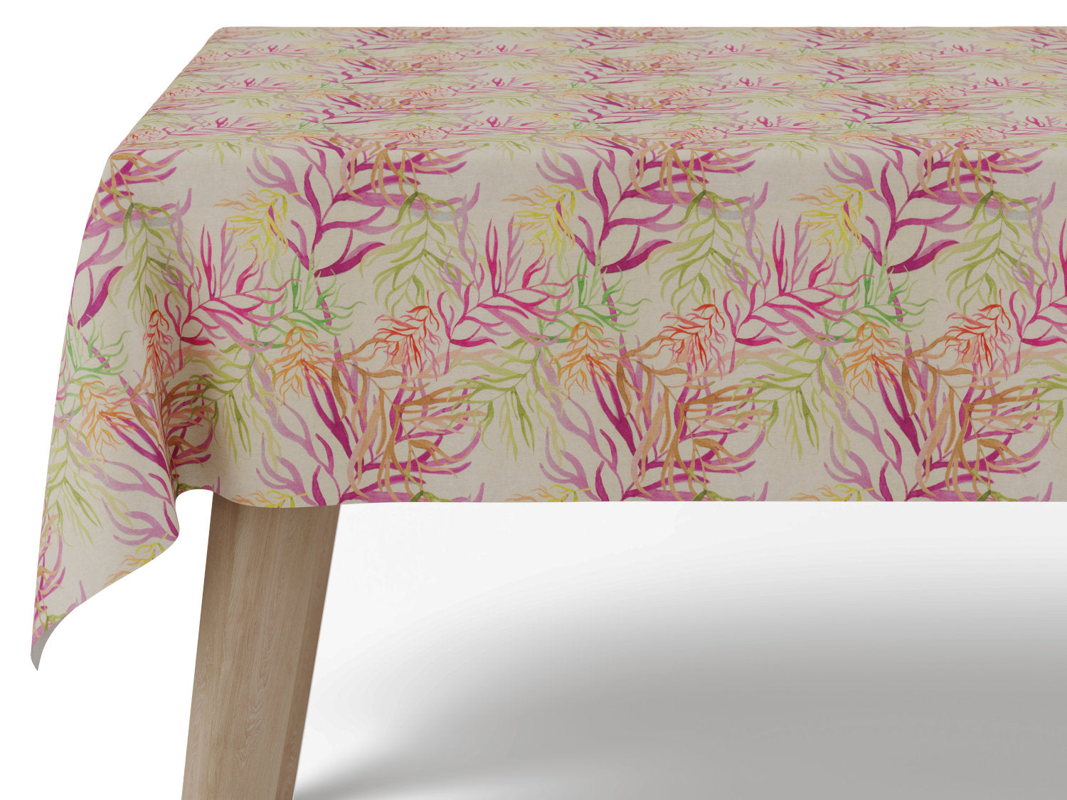 Vandafvisende akryldug med bladmønster – natur med lilla og grønne nuancer – tilpasses i ønskede mål og leveres rullet på rør