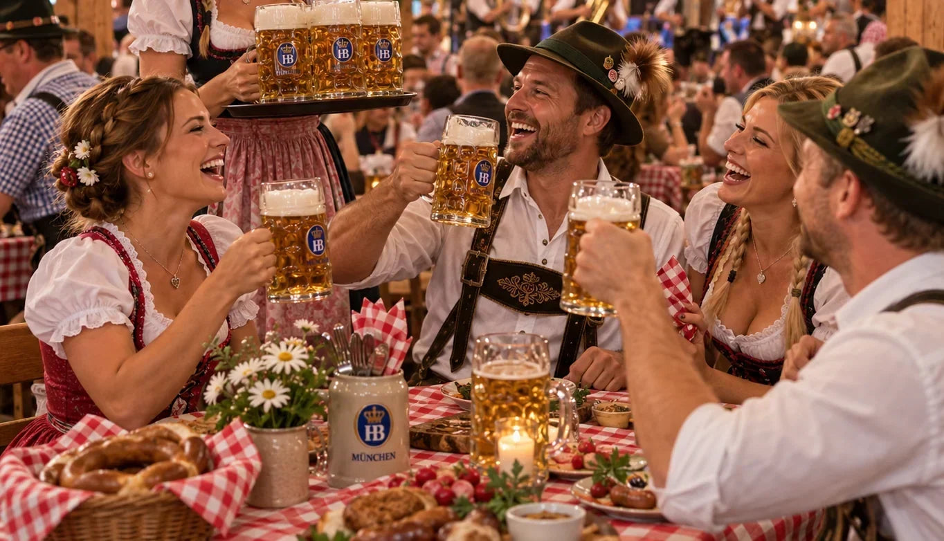 Oktoberfest med rødternet voksdug, øl og traditionel borddækning