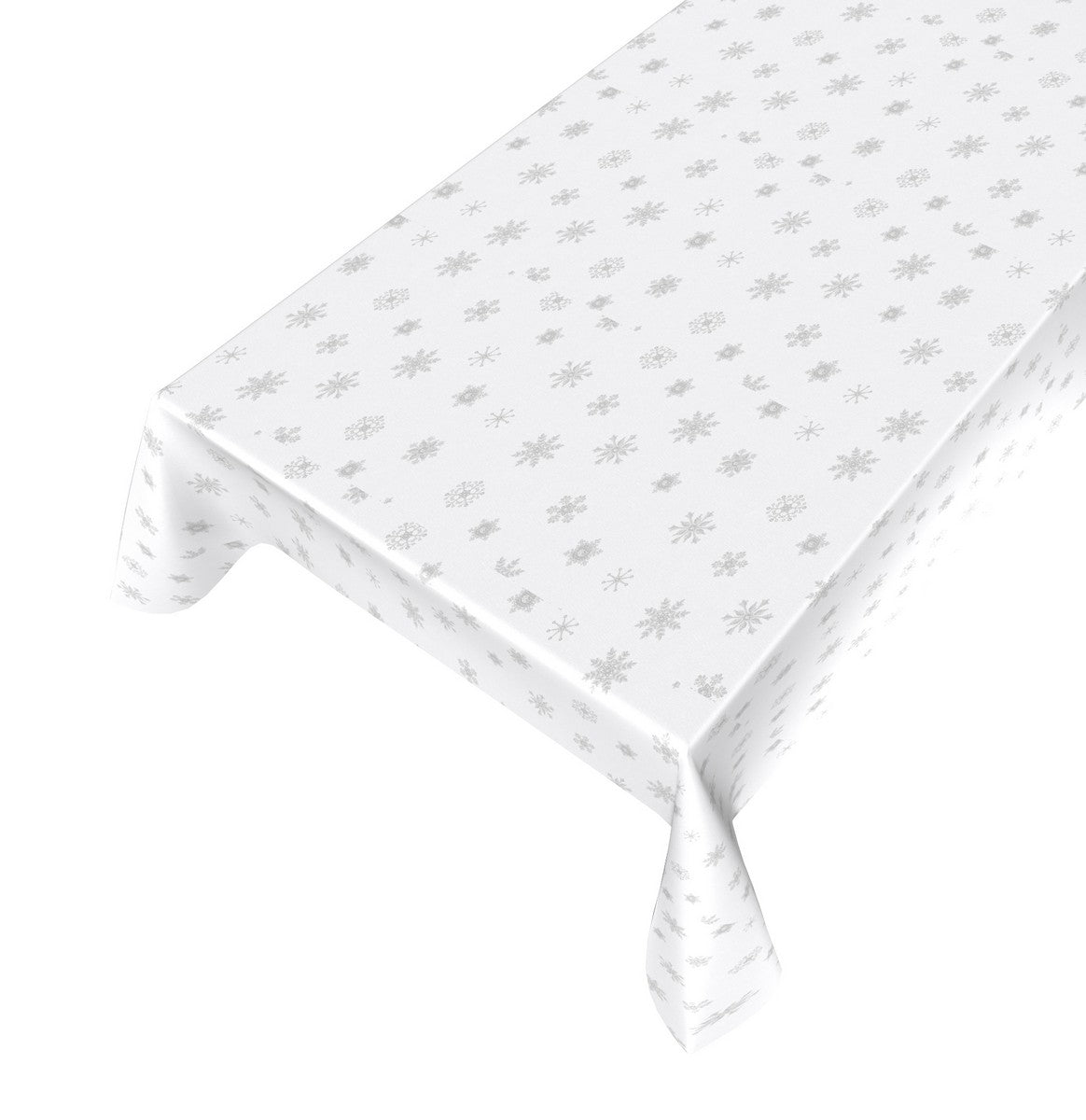 Voksdug hvid juledug med sølvfarvede snefnug - tilpasses i ønskede mål og leveres rullet på rør