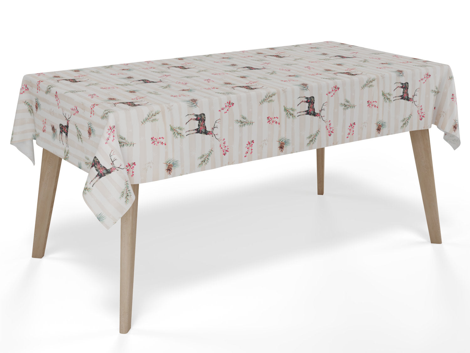 Vandafvisende akryljuledug med naturmotiv i beige og røde toner – bredde 140 cm - tilpasses i ønskede mål og leveres rullet på rør