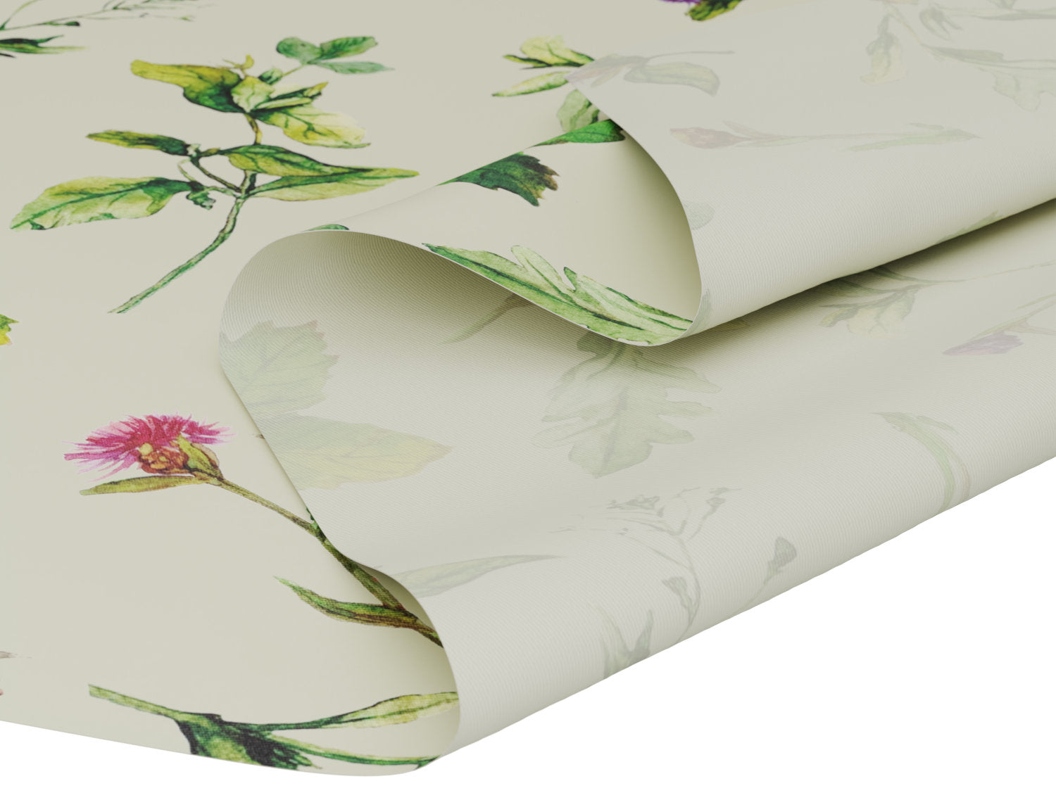 Vandafvisende akryldug med blomstermønster – cremehvid med grønne og lilla nuancer –  tilpasses i ønskede mål og leveres rullet på rør