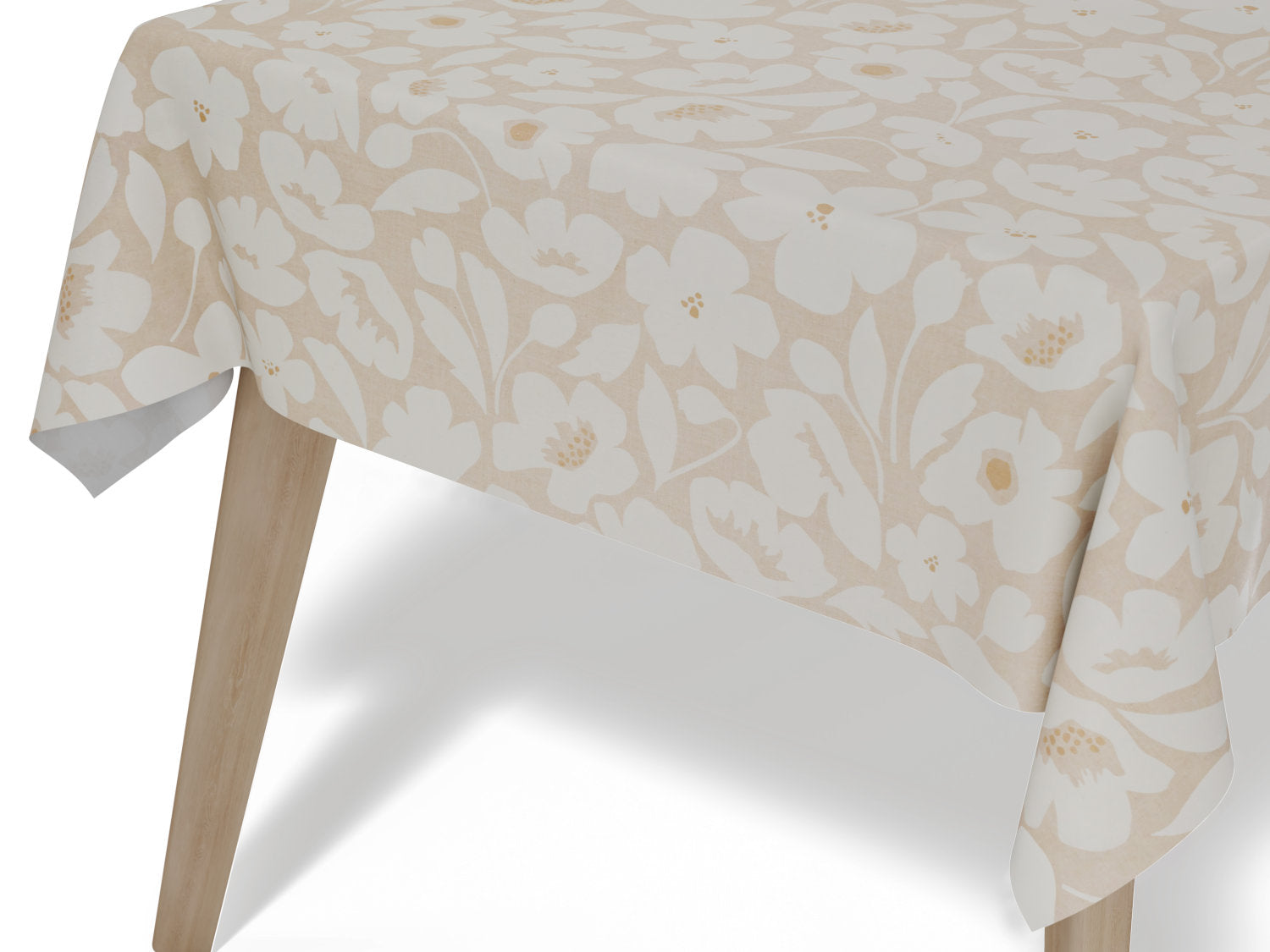 Vandafvisende akryldug i beige med blomstermotiv –  bredde 140 cm - tilpasses i ønskede mål og leveres rullet på rør