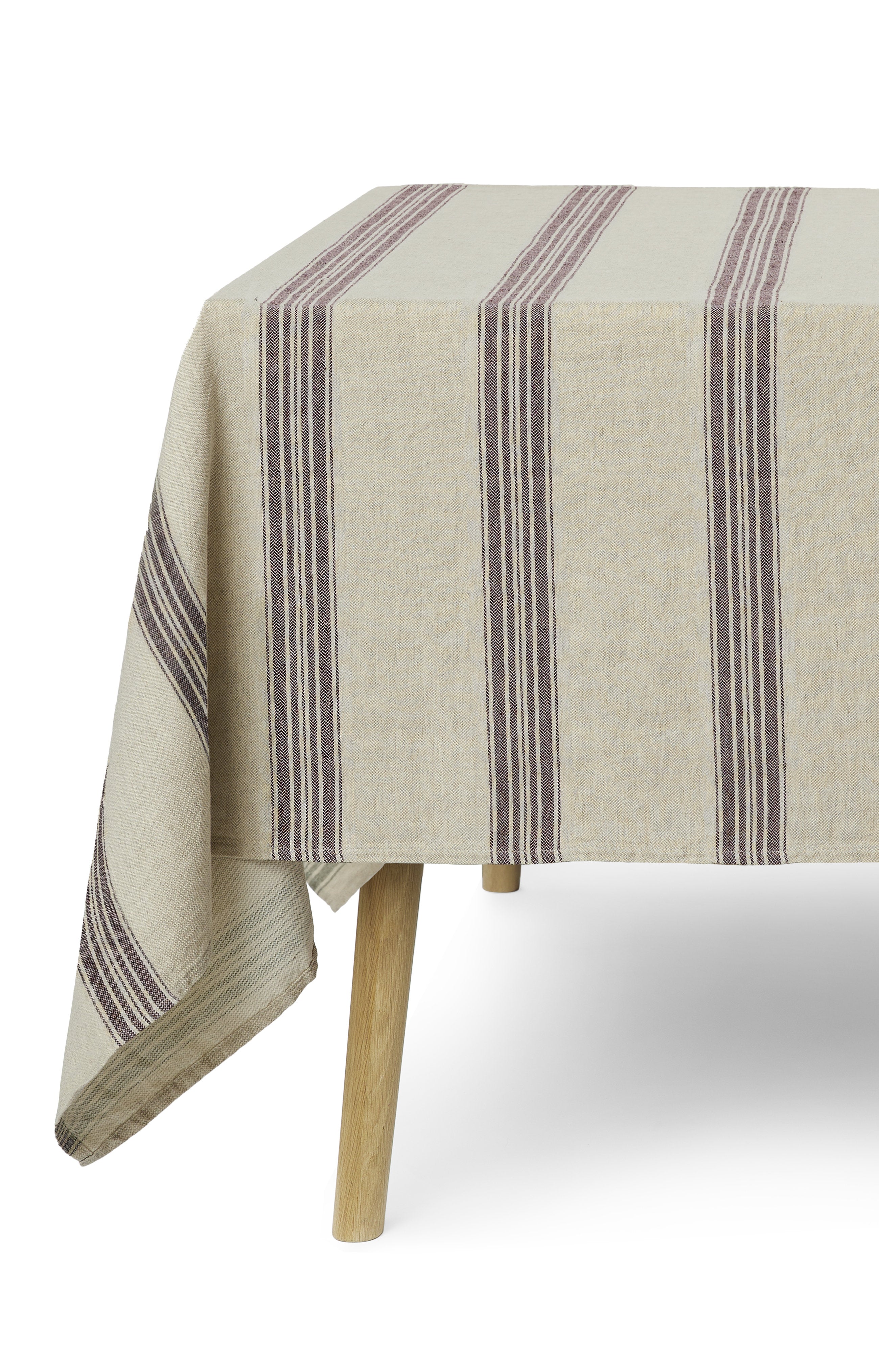 Arles hør-/bomuldsdug – Hørfarvet med blommefarvede striber (150 × 250 cm)